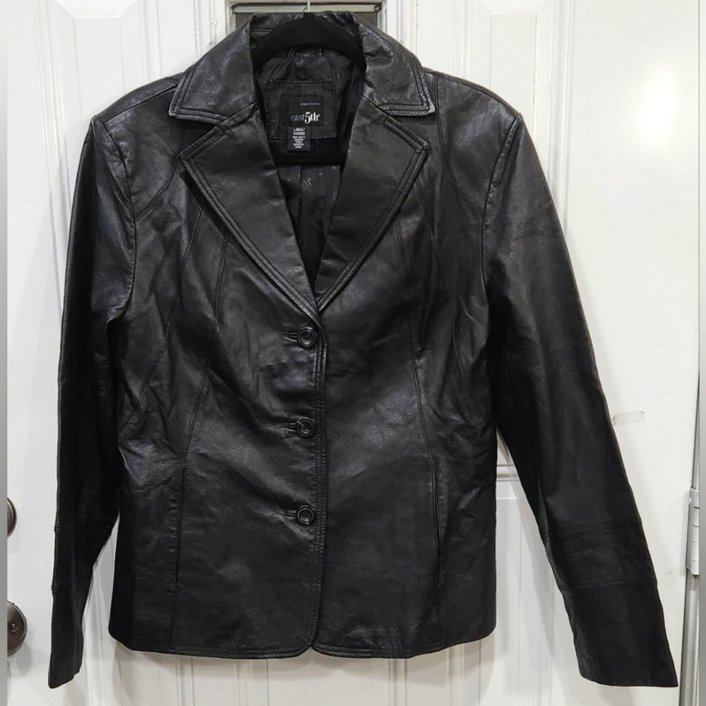 East 5th black genuine leather jacket women's size Large